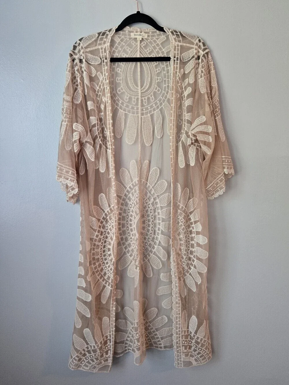 Rebellion Again Beige Lace Medallion Kimono Cardigan Duster Large Boho Sheer